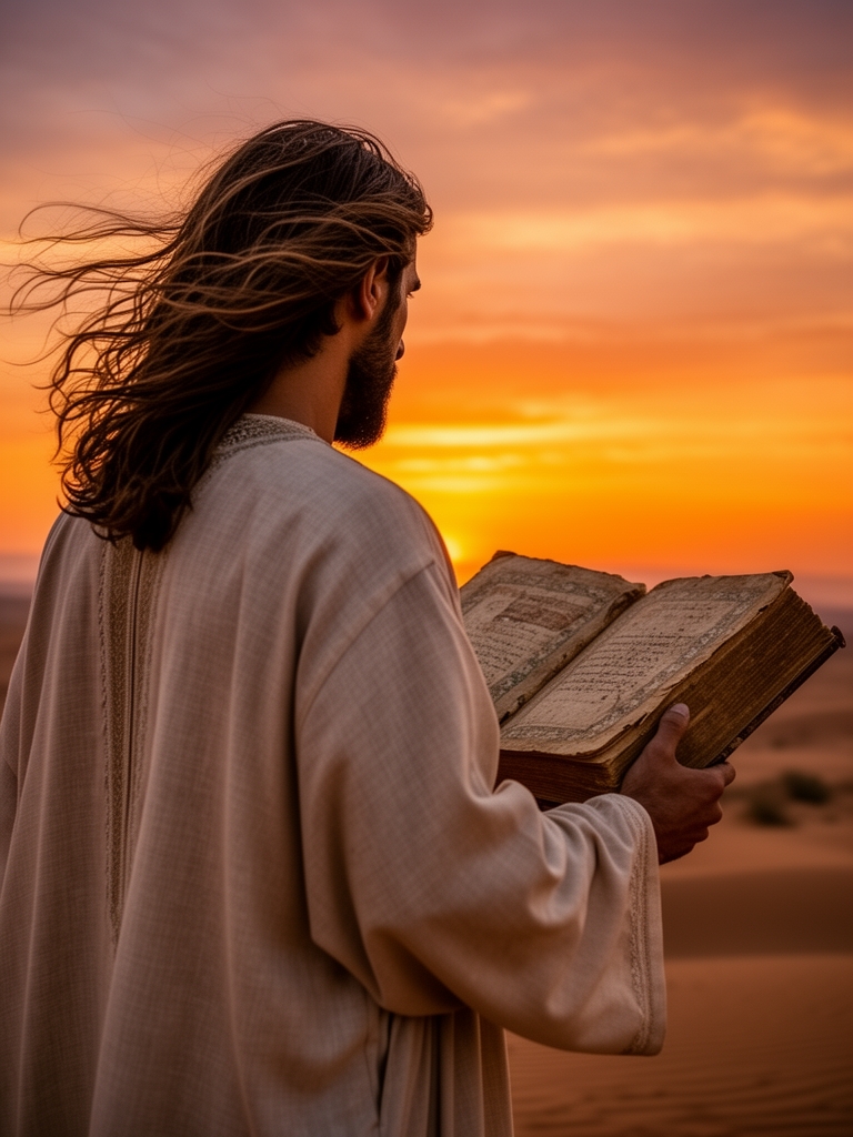 مردی با لباس عربی پشت ب دوربین با موهای بلند رو ب غروب خورشید یک  کتاب قدیمی و قطور در دستش است0