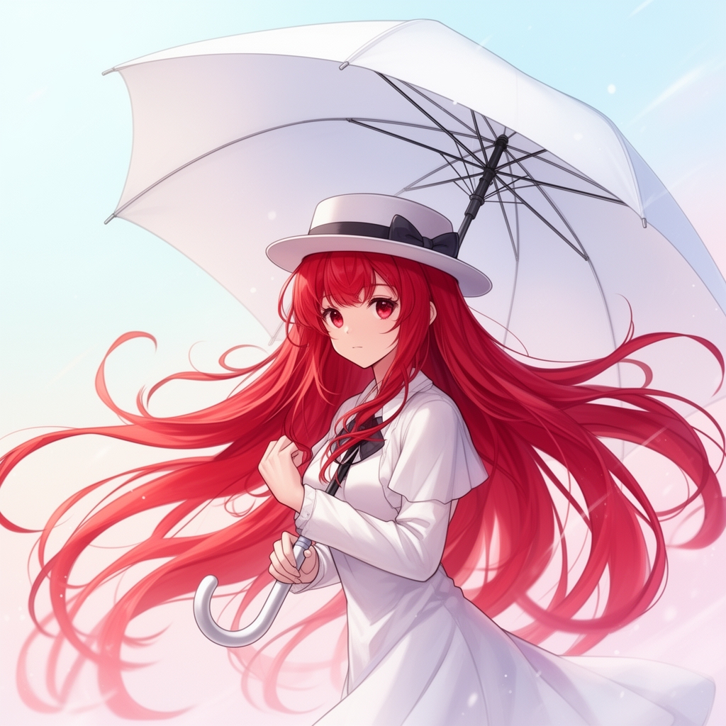 دختر انیمه با مو قرمز بلند و لباس کلاه و چتر سفید
2