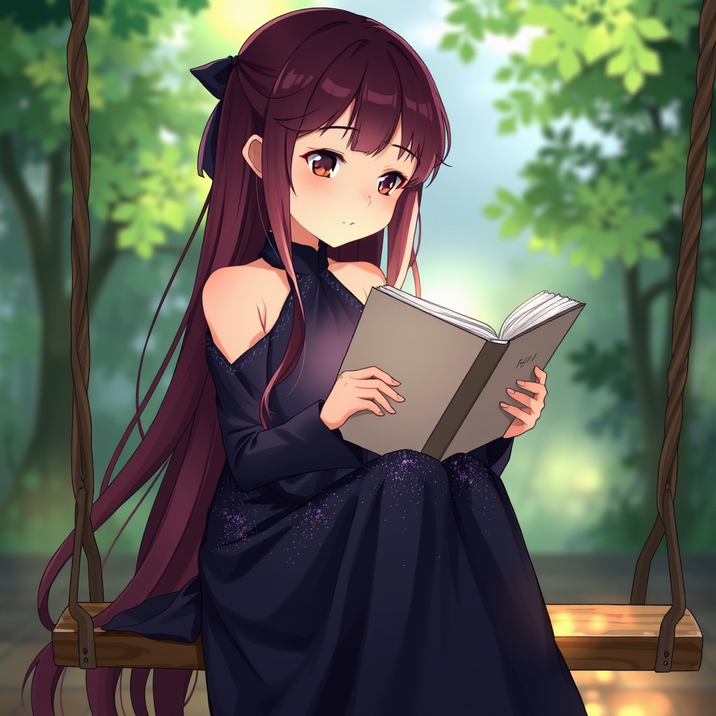 یک دختر با موهای بلند ارغوانی و لباس بلند سرمه ای اکلیلی با چشمان مشکی که روی یک تاب دارد کتاب می خواند16