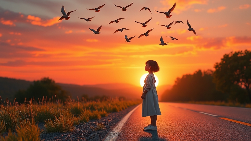 دختر درحال تماشای غروب آفتاب کنار جاده و پرواز پرندگان بالای سرش
22