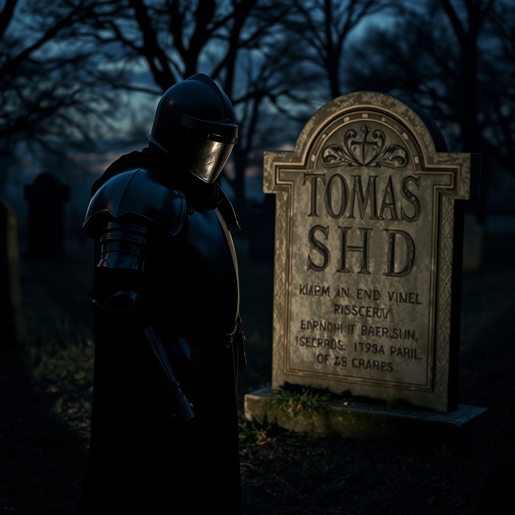 شوالیه ای سیاه پوش در قبرستان که روی قبر نوشته TOMAS SHD
0