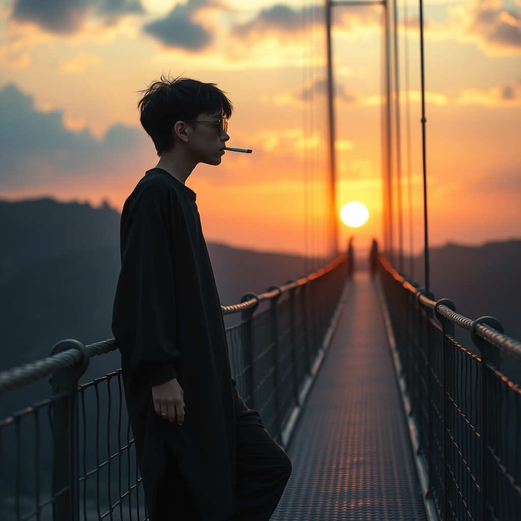 پسری قد بلند سیاه پوش با عینک دودی روی یک پل معلق به غروب خیره شده اشک میریزد و سیگار لای انگشتانش هست به پل تکیه داده بسیار غمگین است و فریاد میزند از دسته زمانه23