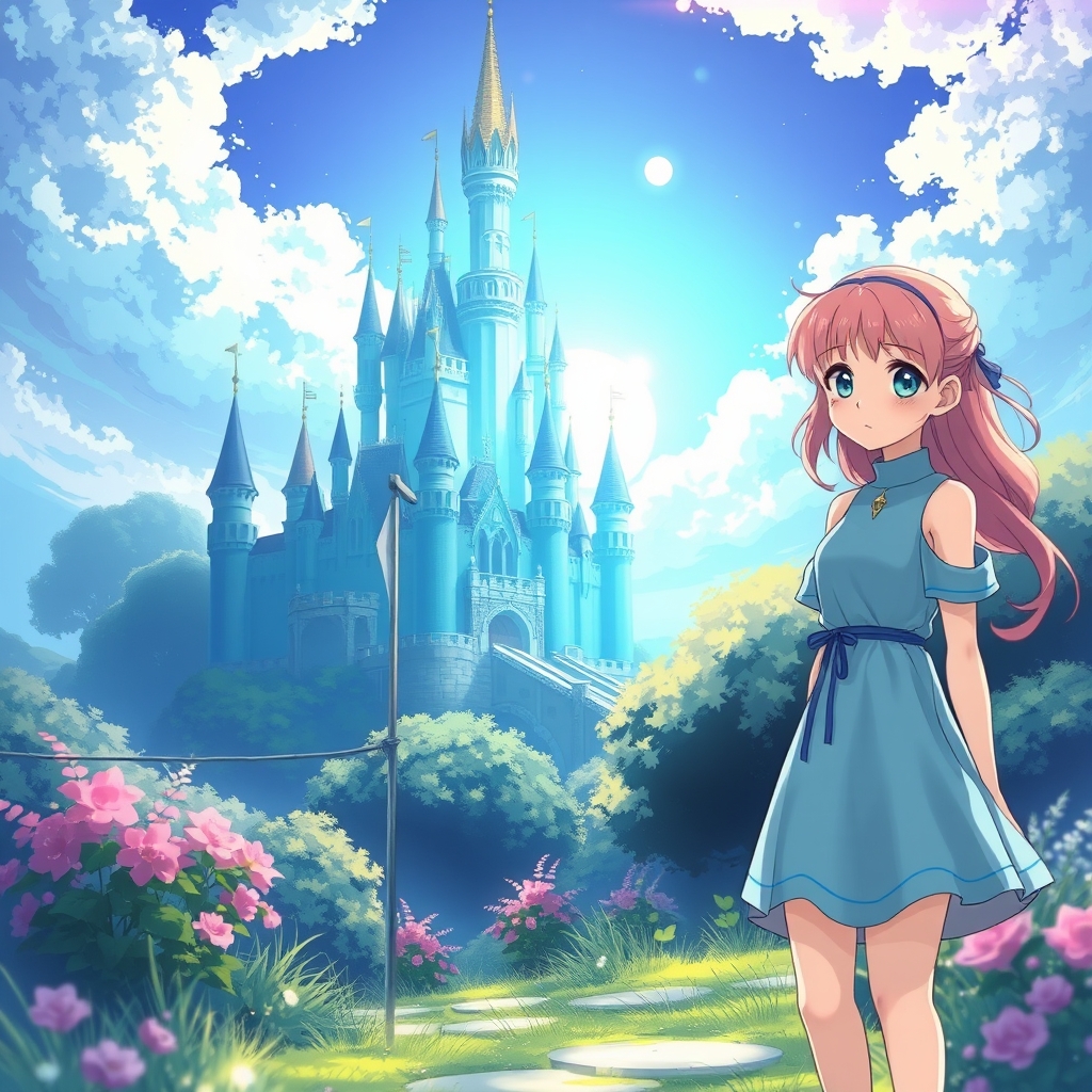 یه قصر درخشان آبی که در جایی رویایی تر از رویایی قرار دارد ودرکنار این قصر دختری بسیار زیبا با موهای صورتی 12