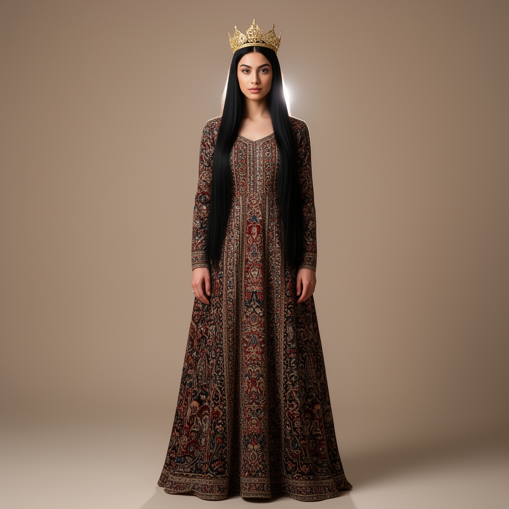 یک شاهزاده دختر زیبای ایرانی با مو های مشکی و لخت و تاجی ظریف و زیبا و لباسی با طرح هایی شبیه به فرش ایرانی4
