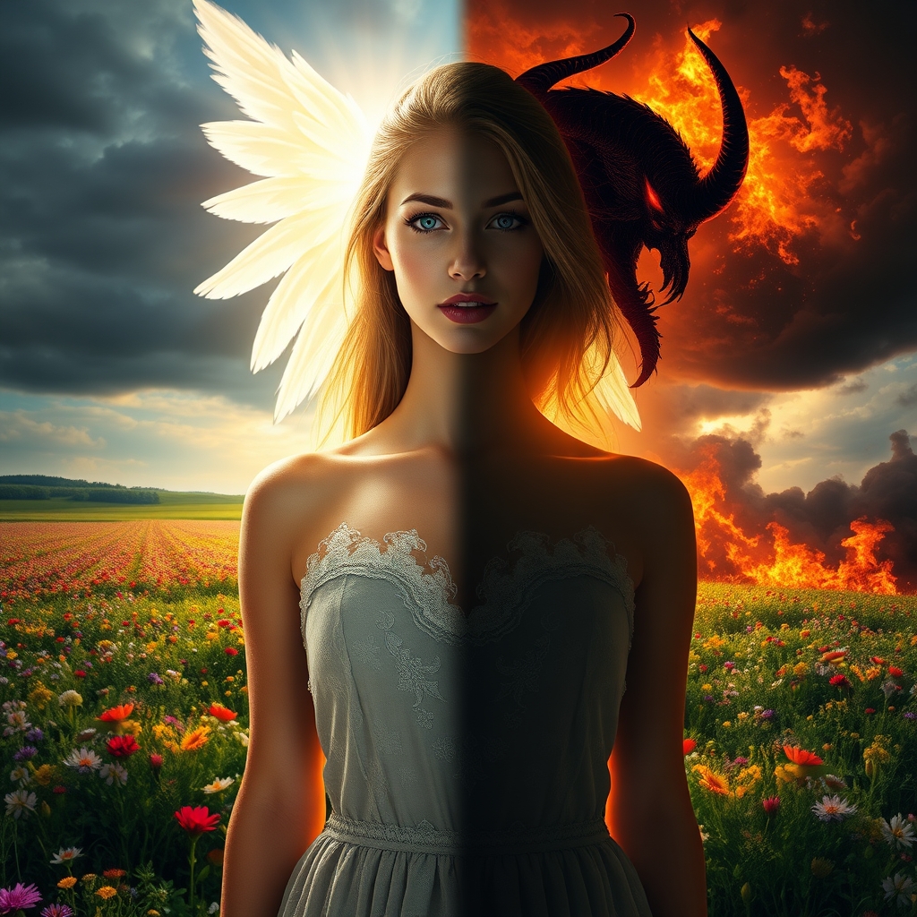 دختری فوق العاده زیبا که یک طرف آن فرشته است و پشتش دشتی زیبا و پر گل و یک طرف دیگرش شیطان است و پشتش جهنم و آتش و هوای سیاه14