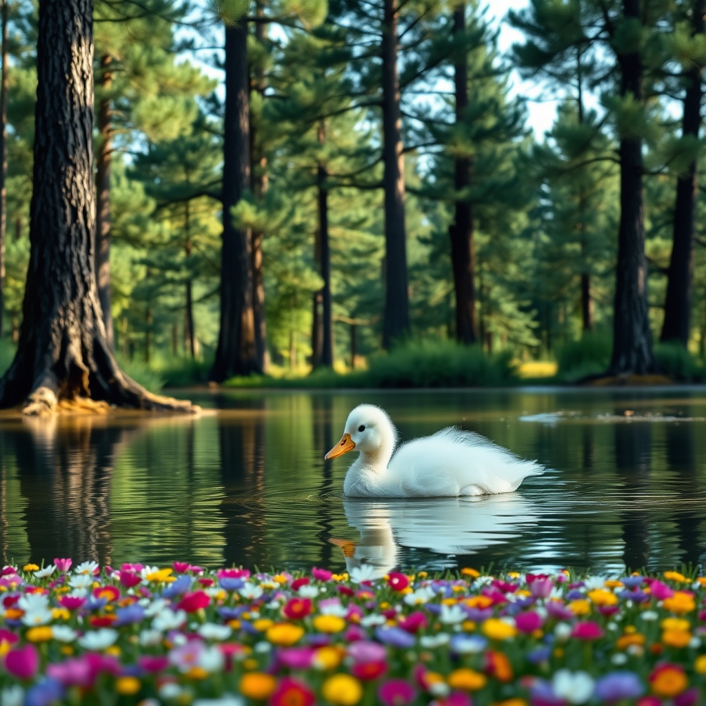 یک جوجه اردک سفید نرم ناز که در یک برکه در حال شنا کردن است و دور تا دور آن پر از درختان کاج و سطح زمین پر از گل های رنگارنگ 23