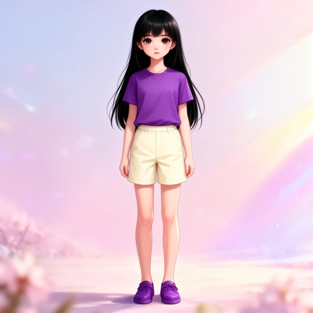 یه دختر ۱۴ ساله لاغر با مو های مشکی بلند با چشمانی زیبا با کراپ بنفش و شلوارک کرم کتون با کفش بنفش0