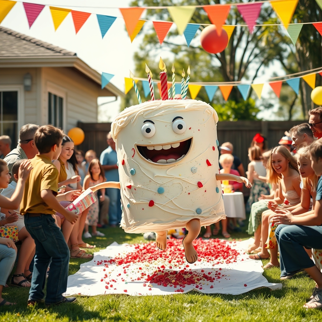 کیک بزرگ سخنگو در حال فرار از خورده شدن به دست مردم که توی حیات جشن تولد بزرگ گرفتن12