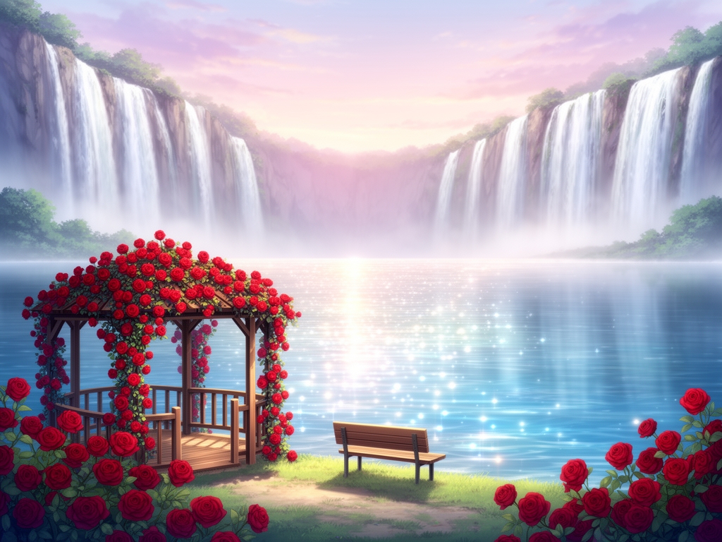 می تونی دریاچه بکشی با خروش آبشارها اطرافش و درخشش لی لی یم های درخشان یک آلاچیق چوبی پر گل سرخ و نیمکت چوبی1