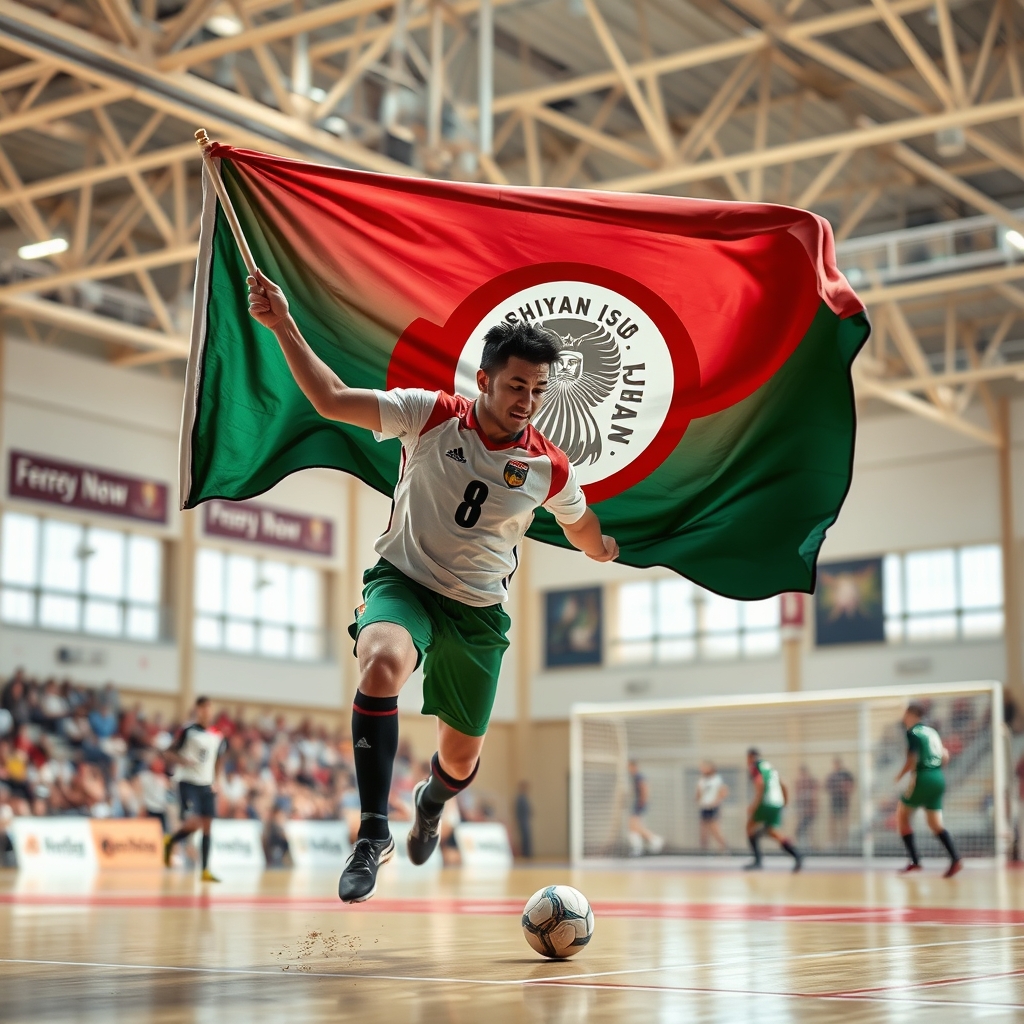 پرچم خیبر خرم آباد که در دست فرید امیری بازیکن خیبر است و او در سالن ورزشی گل زده است 15