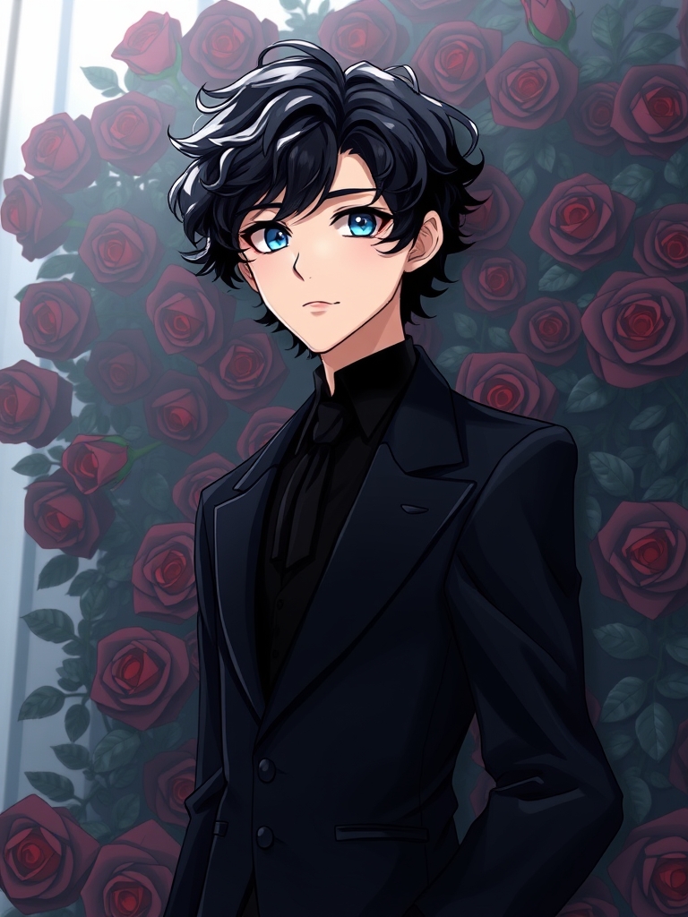 A vampire anime guy, 20 years old, Curly black hair , 💙 eyes, white skin, black suit, Black and red roses in the background6