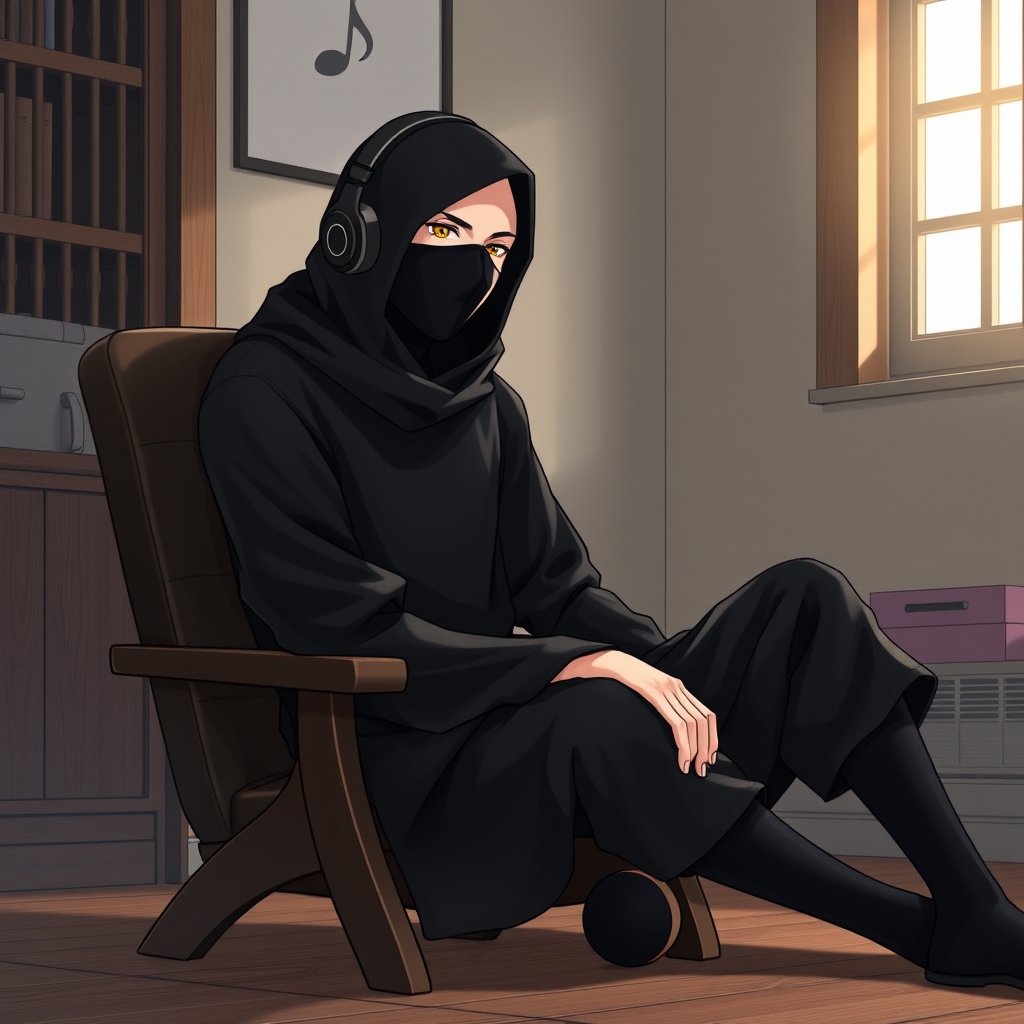 یک نینجای که لباسش مشکی وصورتش پوشیده است و دارد با هدفون آهنگ گوش میدهد که خودش روی صندلی نشسته در اتاق 4