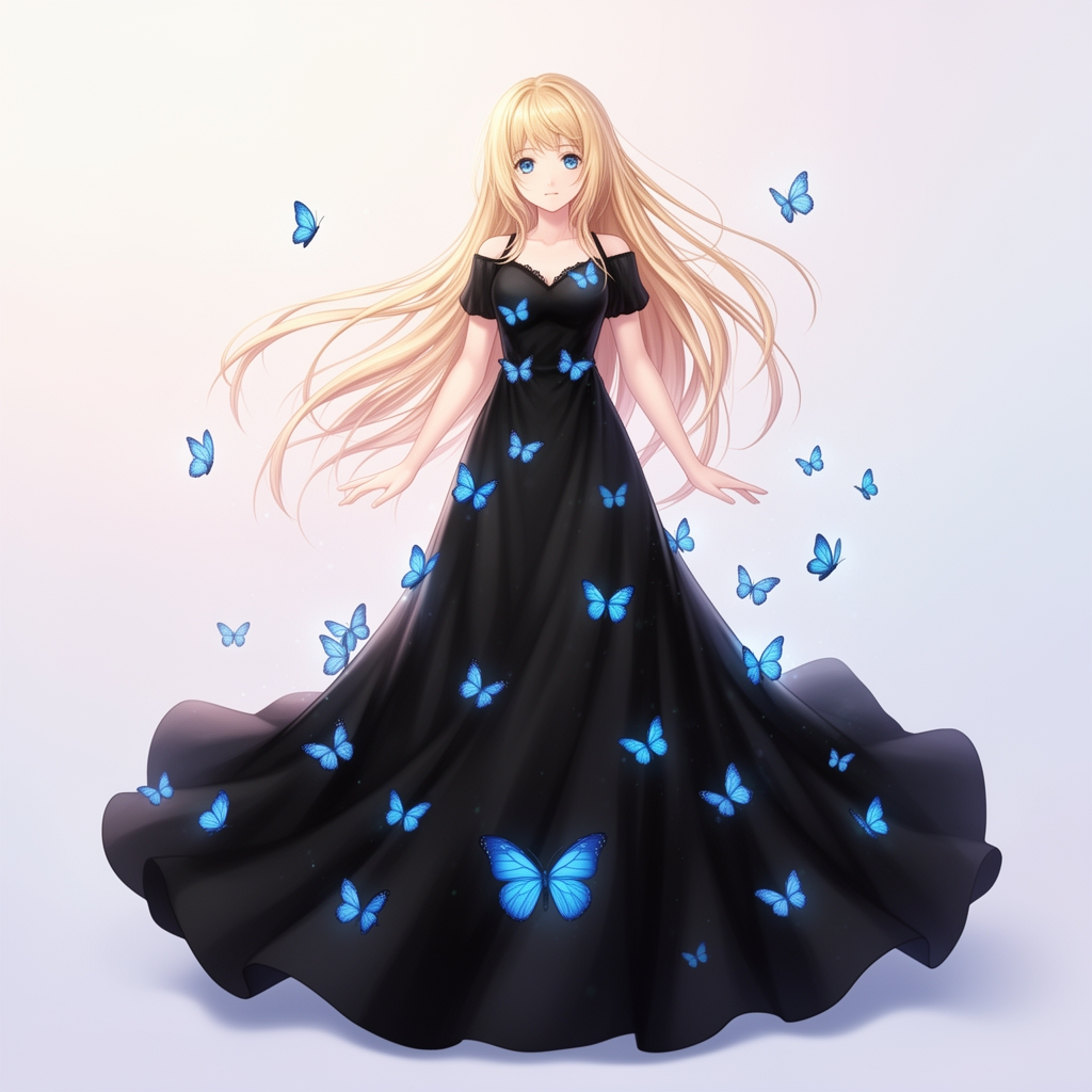 انیمه دختر زیبا با موها بلوند و پیراهن بلند مشکی و پروانه های آبی روی لباسش1