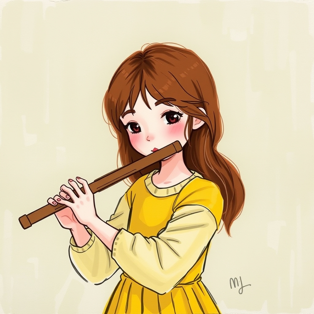 دختری با لباس زرد که دارد فلوت مینوازد  موهای  قهوه ای و پوست سفید 

2