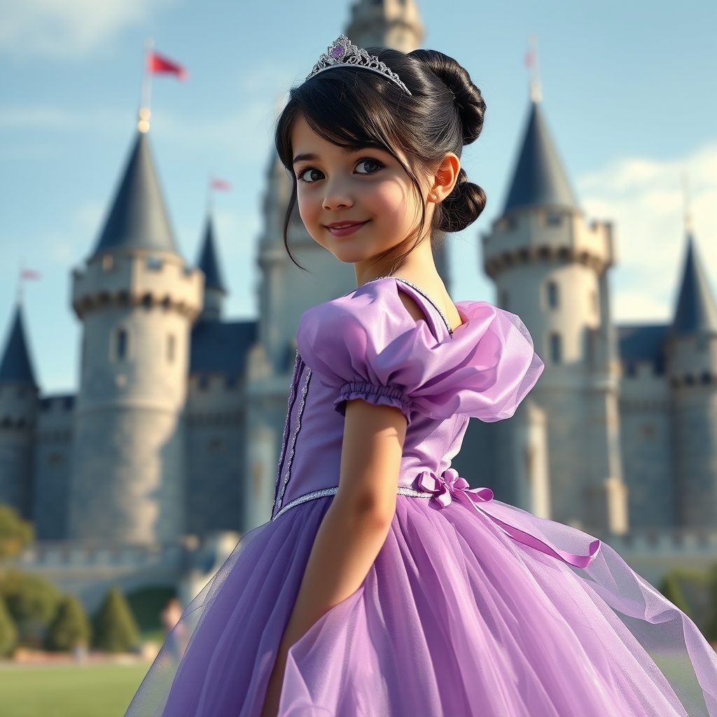 دختری زیبا با لباس پرنسسی رنگ بنفش و با چشم و موهای مشکی که پشت سرش قصر است
11