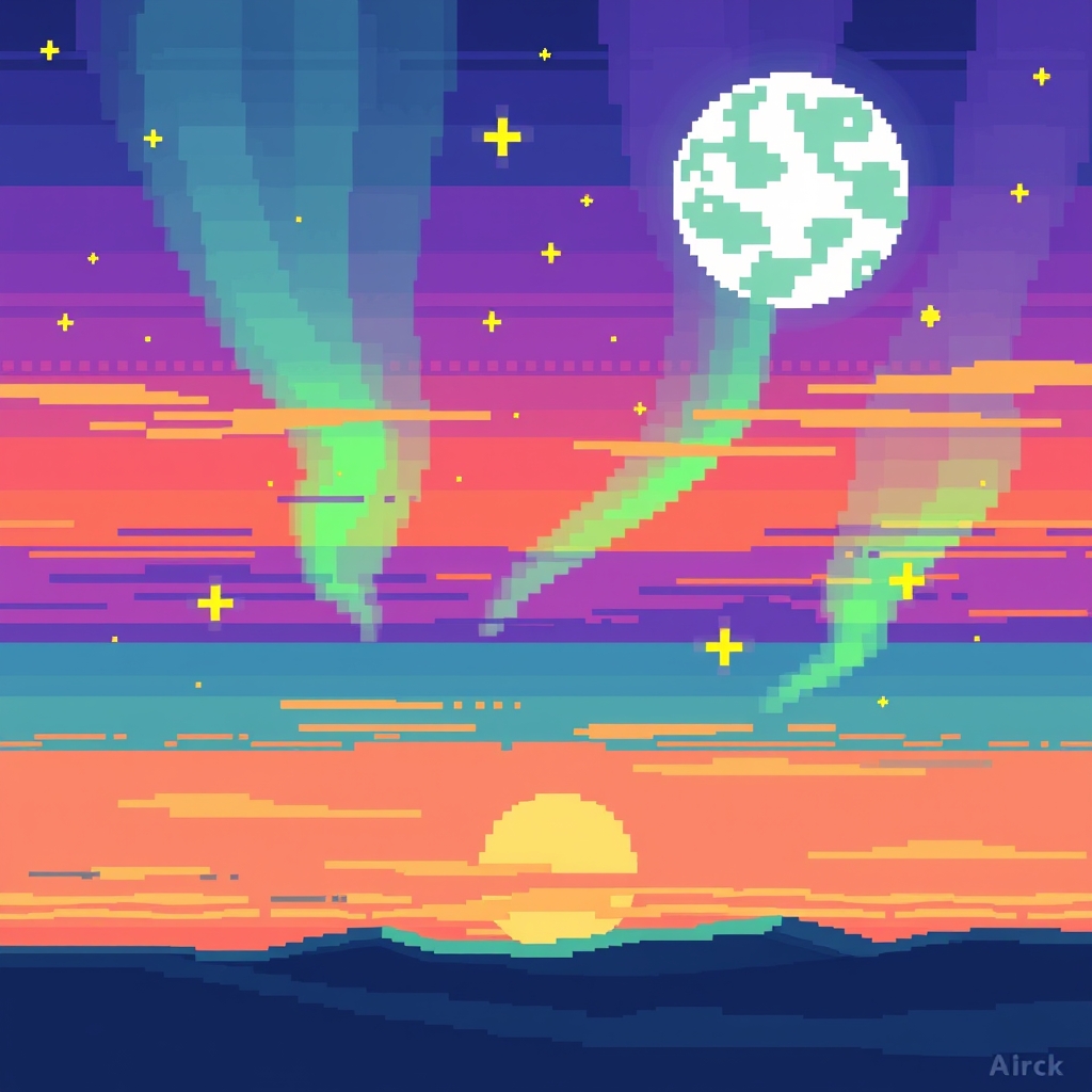 عکس ماه تابان شب 14 در اسمان میدرخشد و خورشید درحال غروب است ستارگان به رنگ طلایی در اسمانی که به رنگ نارنجی و بنفش و گلبهی در امده می درخشند در اسمان ابری دیده نمیشود و در اسمان شفق قطبی وجود دارد با سبک پیکسلی ارت پیکسل درشت🫧🩷20