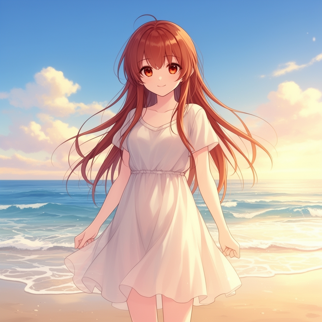 دختری با موهای بلند زرشکی چشم زرشکی لب ساحل  با لباس ساحل0