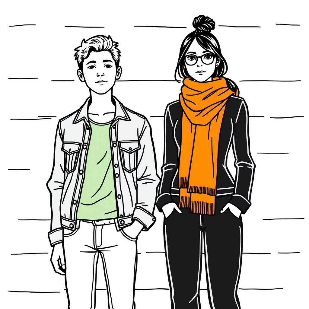 The image shows two individuals standing in front of a white wall. The person on the left is wearing a denim jacket over a light green top, while the person on the right is wearing a black outfit with an orange scarf.1