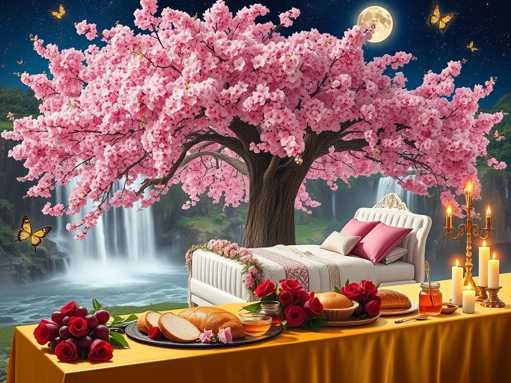 درخت پر شکوفه صورتی سیب بزرگ و پهناور بالای یک آبشار بزرگ با رودهای جاری اطرافش 
پایین آبشار زیر سایه شکوفه های صورتی درخت سیب 
یک تخت خواب سلطنتی سفید تزیین شده با گلها با تم ملکه قرون وسطایی  و کوسن صورتی گذاشته شده
 در شب درخشان پر ستاره با مهتاب درخشان و پروانه های درخشان
یک میز دراز زرین پر شده با گل سرخ و شمع ها 
 نان کره عسل مرغ بریان خوشه انگور باقلوا نزدیک تخت گذاشته شده 19