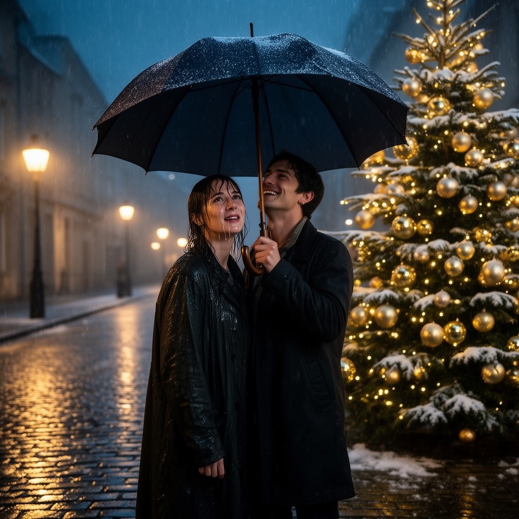 دریک شب بارانی شکست عشقی خوردی اشک میریزی و خیس شدی و کسی که عاشقشی به سمتت آمده و چترش را روی سرت گرفته و با لبخند بهت نگاه میکند و کنارشان یک درخت کریسمس زیبا است
0