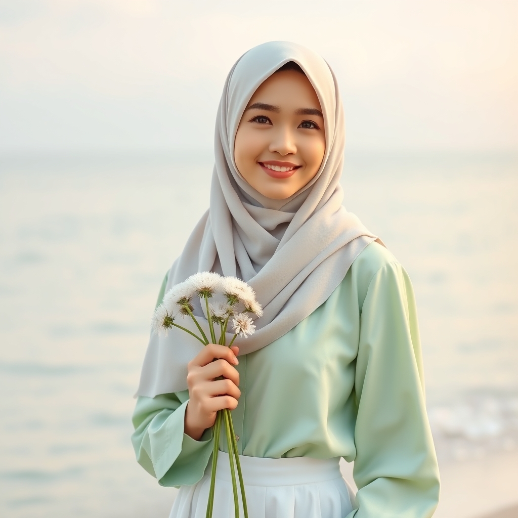 دختری ۱۸ ساله باحجاب زیبا و شال سفیدو شومیز سبز پاستیلی استین دار و دامن سفید و جوراب شلواری سغید با دسته گل بابونه سفید دارای پوستی سفید سفید سفید و براق و چشمانی براق درحالی که لبخند بر لب دارد در کنار ساحل ارامش بخش 19