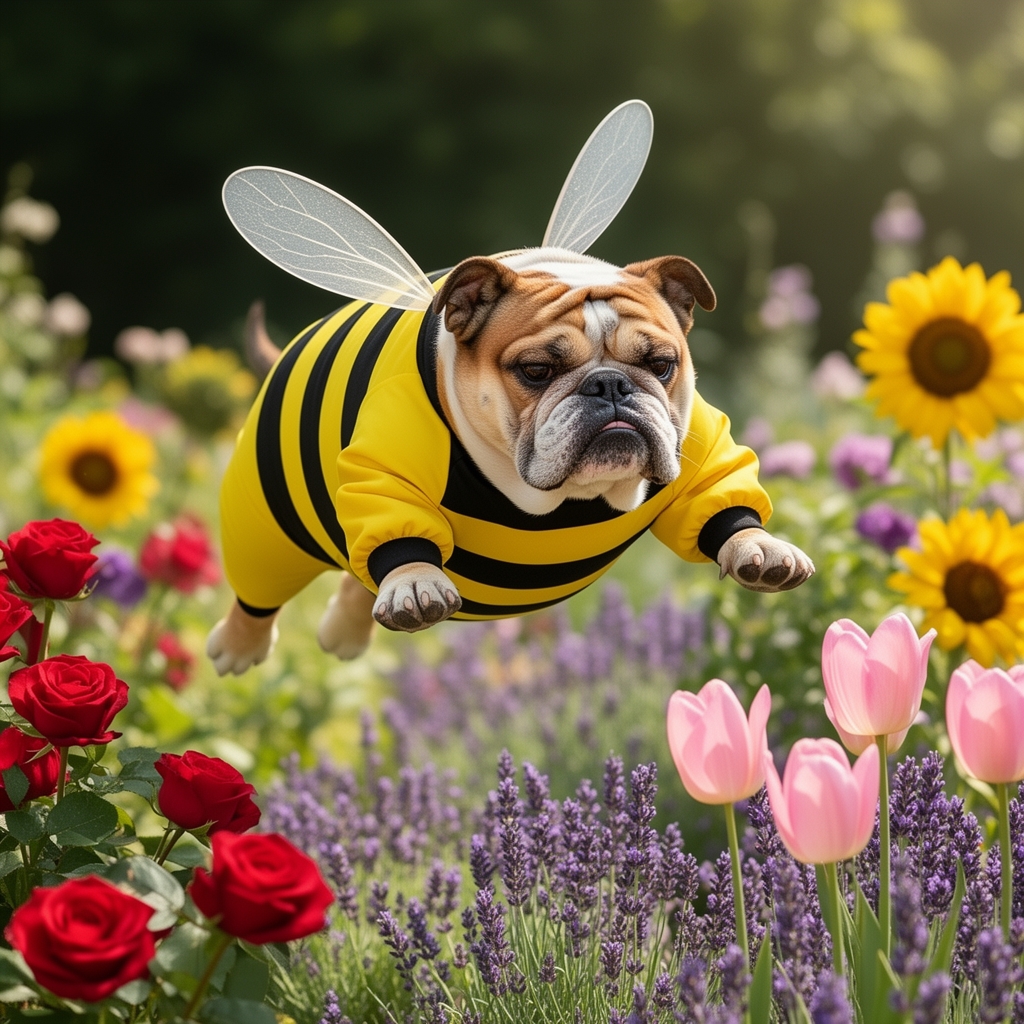 یک سگ بولداگ اخمالو که لباس زنبور پوشیده و در باغ گل پرواز می‌کند، بال‌های کوچک و بامزه، سبک واقع‌گرایانه و طنز.3