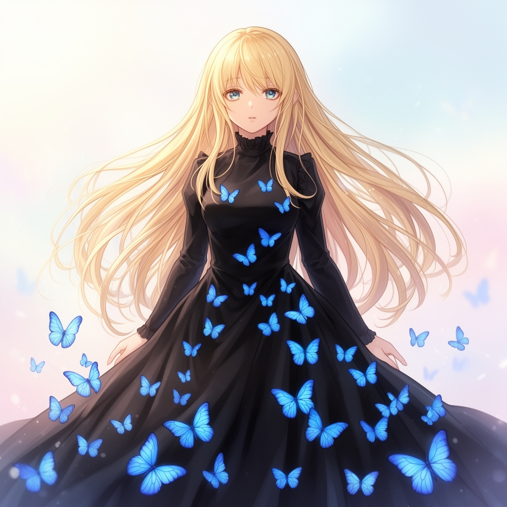 انیمه دختر زیبا با موها بلوند و پیراهن بلند مشکی و پروانه های آبی روی لباسش1
