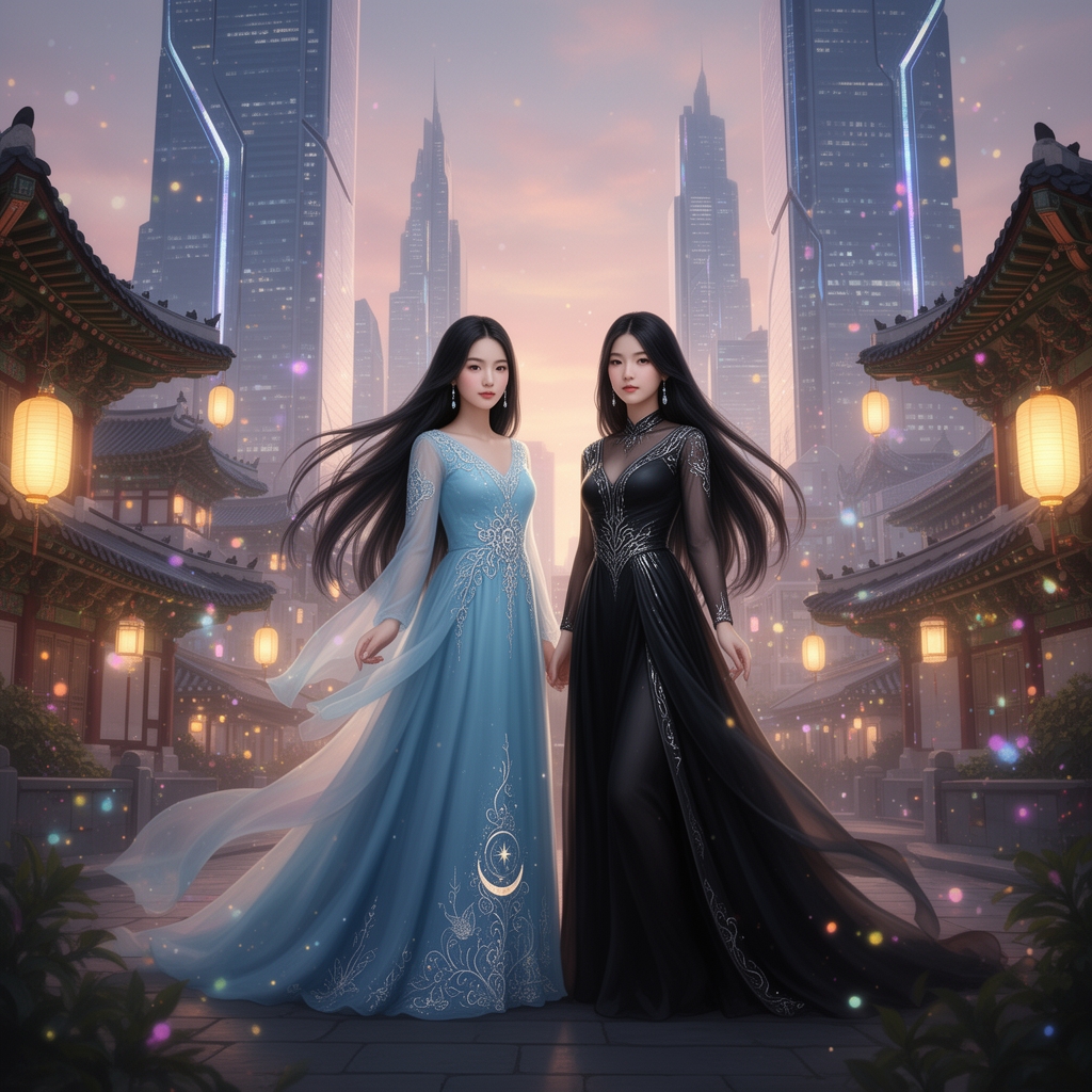 من و دوستم اگر دوتا دختر کره ایدر حال حاضر مو مشکی بودیم و لباس های دوستم ابی اسمانی و لباس های من مشکی باشد در مرکز سئول با ارایشی زیبا 1