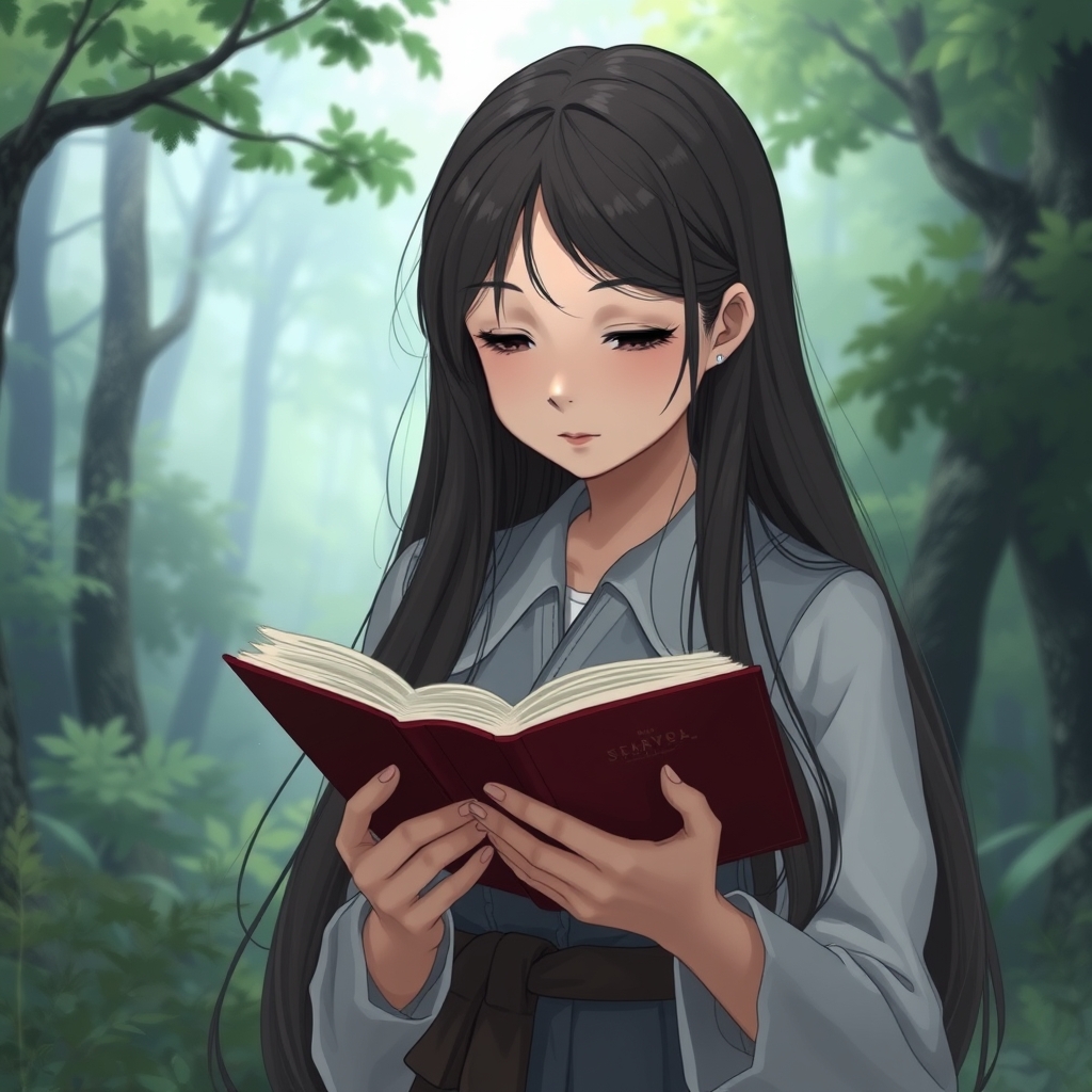 
دختری که موهاش تا شونشه که داره کتاب میخونه با پس زمینه جنگل مه آلود17