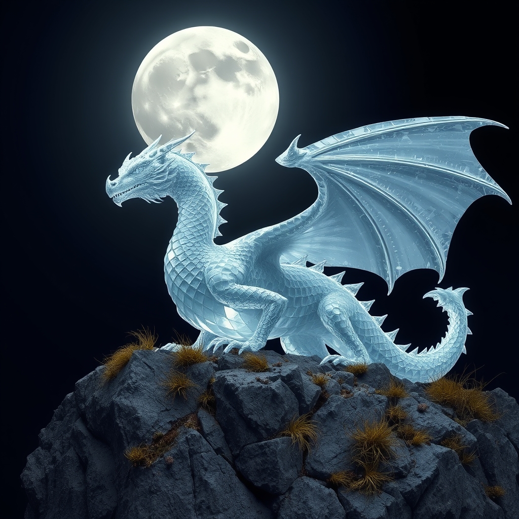 یک اژدهای کریستالی درخشان نشسته روی صخره‌ای زیر نور ماه کامل.22