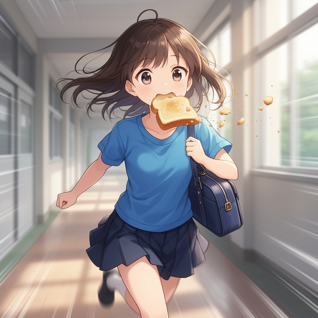 یک دختر انیمهای با دامن و تی شرت ابی که در حال خوردن نان تست است و با عجله میدود، کیف مدرسه در دست درحال دویدن .2