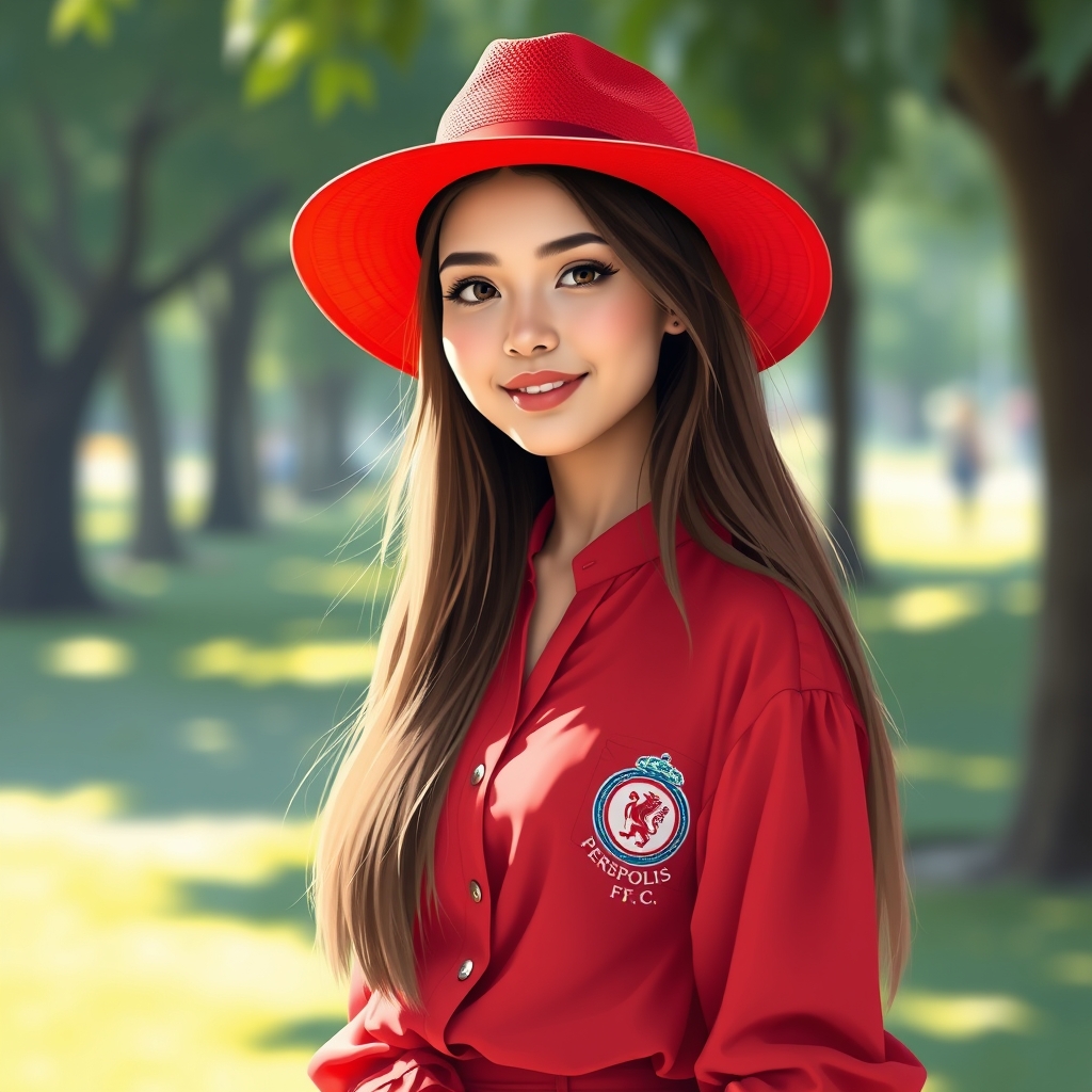 یک دختر مو بلند و کلاه آفتابی و بلیز شلوار با مارک و علامت پرسپولیس همه هم رنگ قرمز باشه حتما9