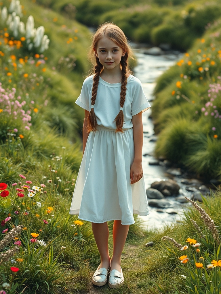 دختری گوگولی با موهای بافته ی قهوه ای و دامن سفید برفی و دامنی وبا کفش سفید ودر دشت سرسبز و پر گل که آبشاری در آن وجود دارد. 8