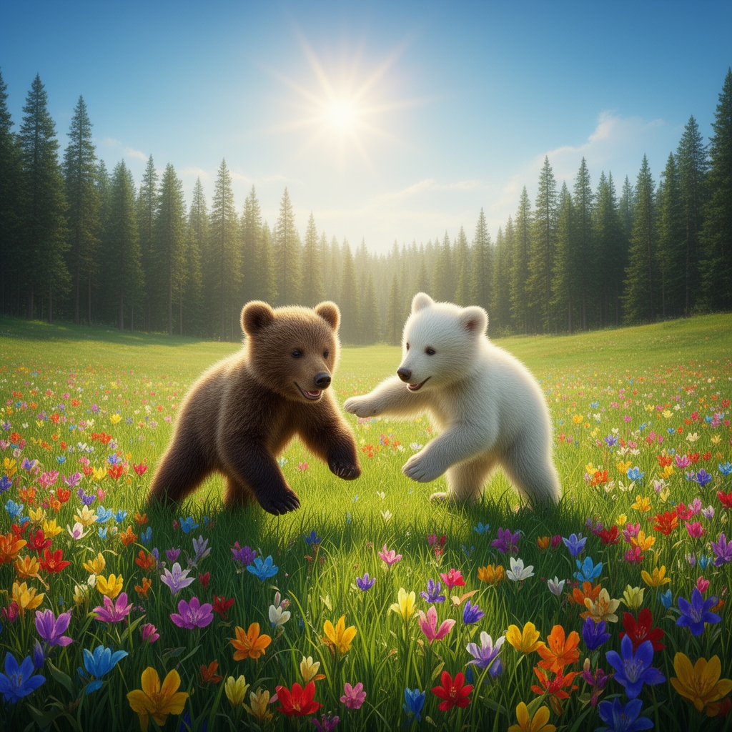 دو بچه خرس که یکی از آنها قهوه ای و دیگری به رنگ سفید در دشت سرسبز و پر از گل های رنگارنگ با هم بازی می کنند و از دور یک جنگل پر از درختان کاج مشاهده میشود و خورشید در آسمان می درخشد به سبک واقعی 0