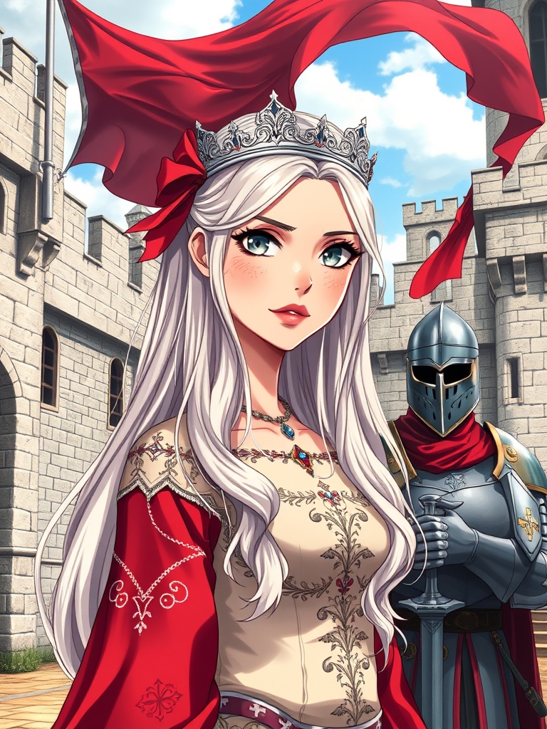 زنی بسیار زیبا و خوش اندام و جذاب با چشمان خاکستری و نگاهی ژرف و لبهای گوشتی قرمز و کک و مک و موهایی به رنگ بلوند نقره ای درخشان خیلی خیلی بلند در حدی که بلندی موهایش تا ران پایش میرسد با نیم تاجی زیبا و پیراهنی سلطنتی و در شان بانوان والا مقام بسیار زیبا و با سوزندوزی در حیاط یک قلعه ایستاده است و روی پرچم قلعه یک اژدهای سرخ دیده میشود فضا و سبک تصویر در قرن ۱۴ میلادی و یک شوالیه نجیب زاده در کنار او ایستاده است 23