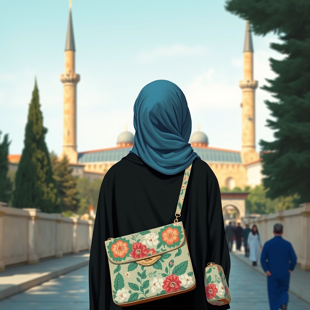 دختری که پشت به دوربین ایستاده چادر مشکی و روسری ابی خیلی زیبایی بر سر دارد و کیف گل گلی قشنگی روی دوشش دارد و به سمت مسجدالاقصی حرکت میکند0