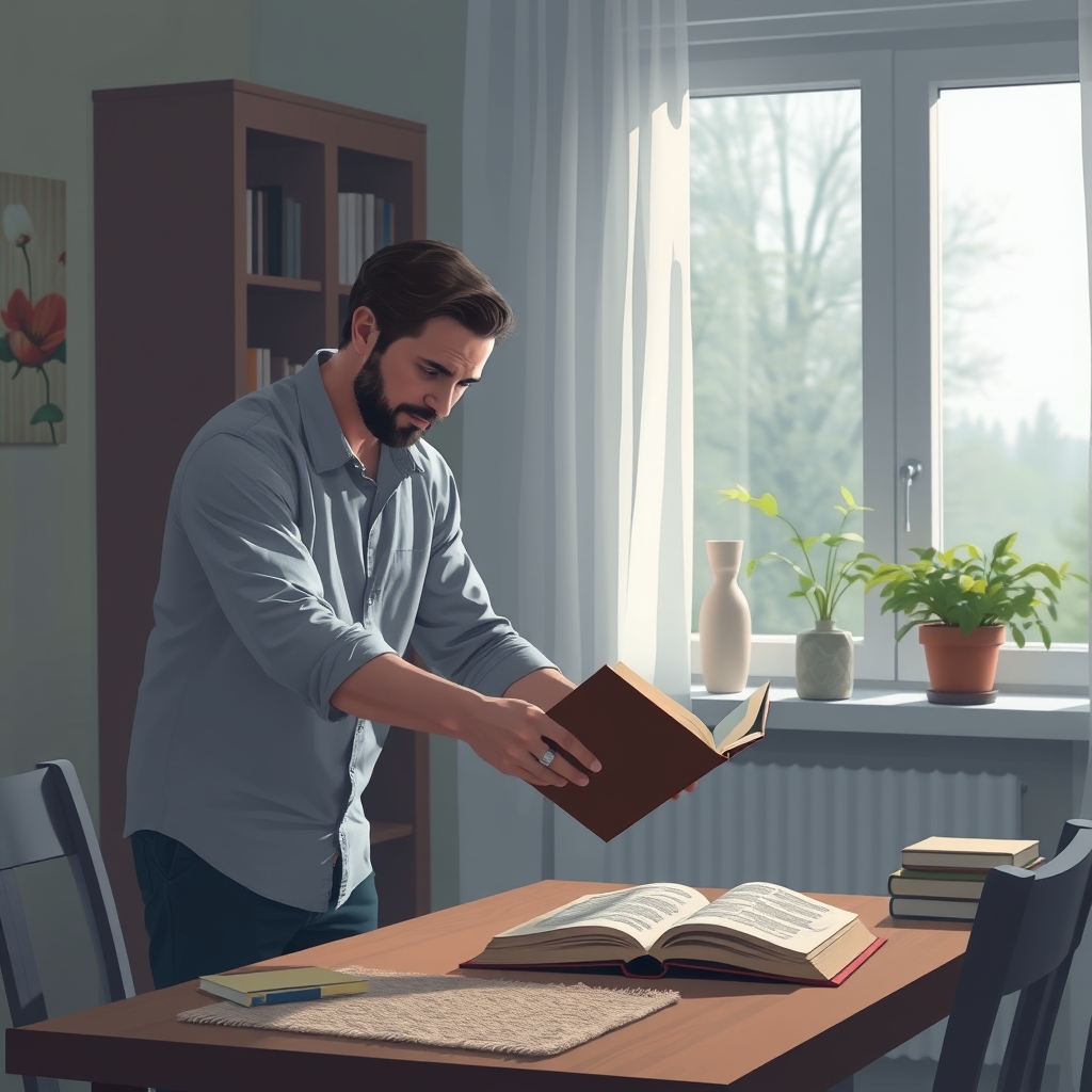 یک مردی که یک کتاب را روی میز میگذلرد در خانه 
3