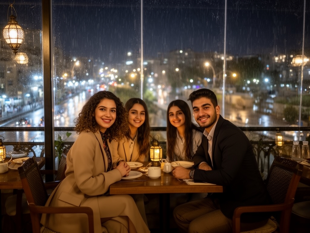 عکس یا مادر خیلی زیبا همراه همسر که هردو تقریبا 20 سال داشتند به همراه تنها یک فرزند خیلی زیبا دختر که به رستوران بالا شهر آمده بودند هر سه لبخند میزند و شب باشد و با هوای بارانی ایرانی باشند و زن روسری نپوشیده باشد و موهای فر داشته باشد2