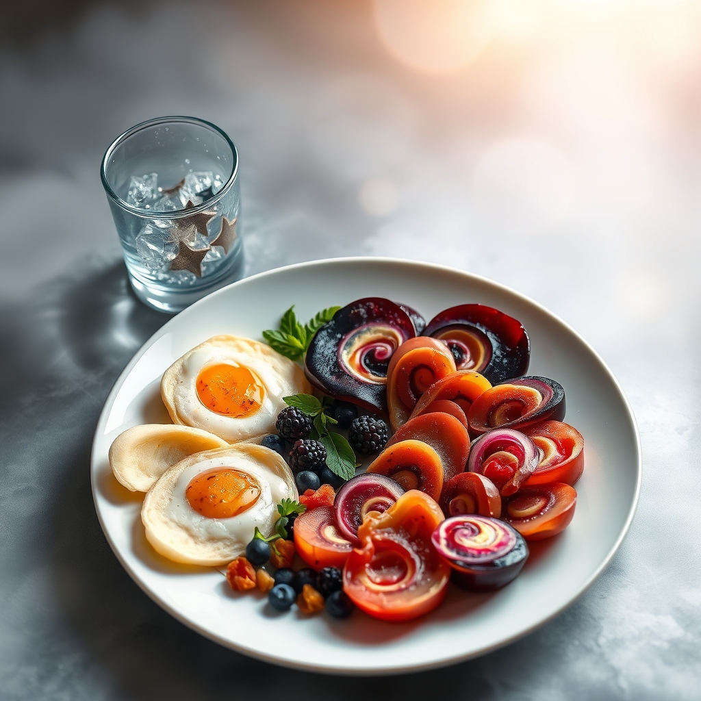 یک بشقاب غذا که درونش کهکشان های زیبا باشد و لیوانی که داخلش ستاره باشد و پس زمینه رؤیایی داشته باشد 1