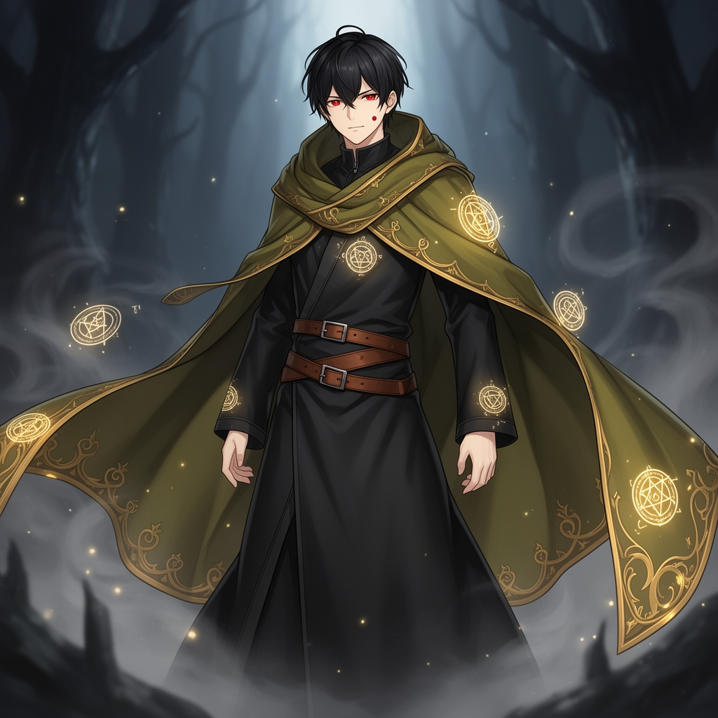 کاراکتر انیمه پسر با موهای مشکی و چشمان قرمز و یک خال کوچک در کنار چشمش ، با قدی بلند و لباس جذب سرتاسر مشکی با دو کمربند قهوهای و یک شنل به رنگ سبز متمایل به زیتونی با تزئین طلایی رنگ که بزرگ جادوگر ها هست 0
