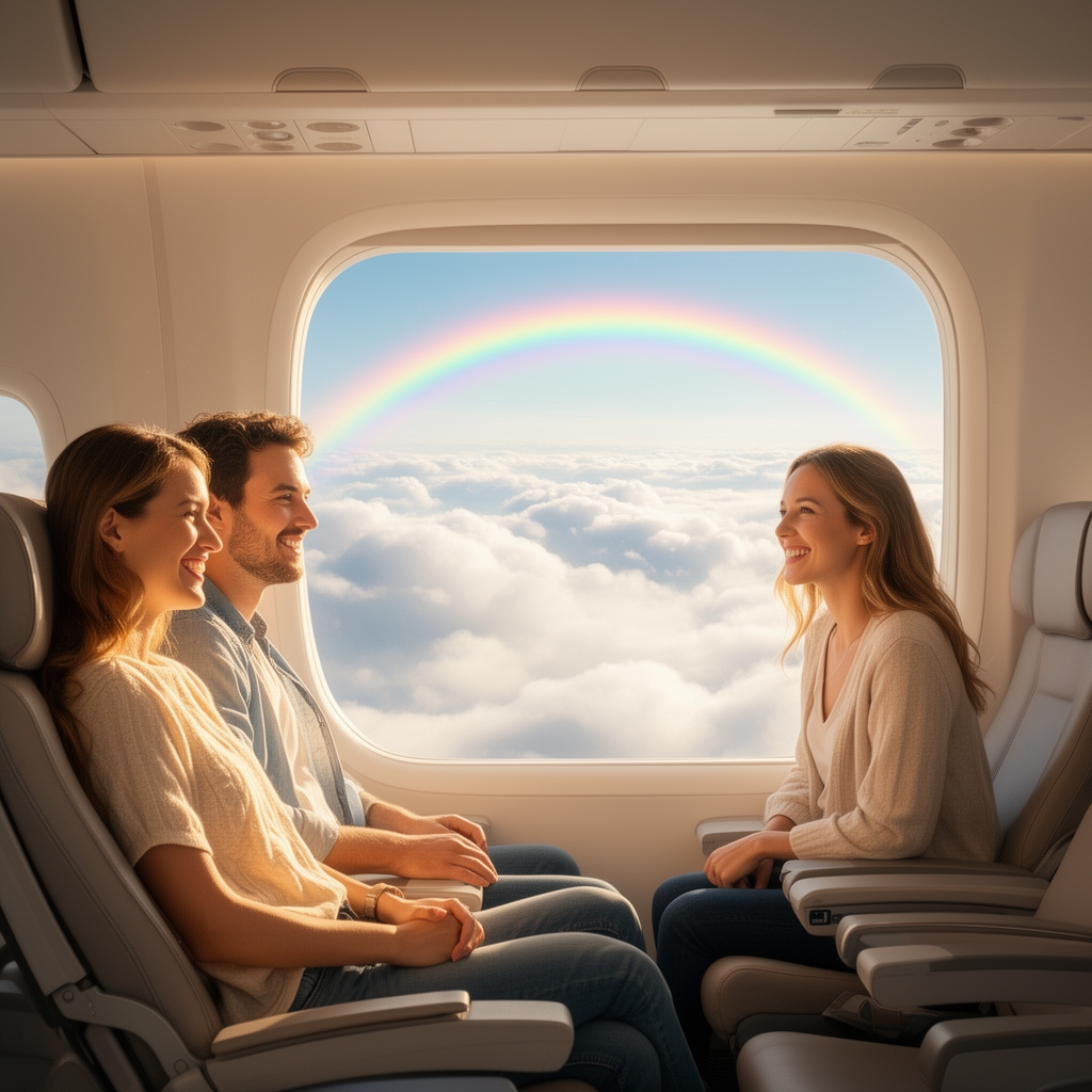 در هواپیما نشسته ای و داری به آرزویت میرسی 
روز است و در وسط ابر هایی هواپیما دارد اوج میگیرد و رنگین کمان زیبایی در آسمان درست شده 
در کنار دو تا دوست صمیمیت نشستی و لبخند به لب دارید
3