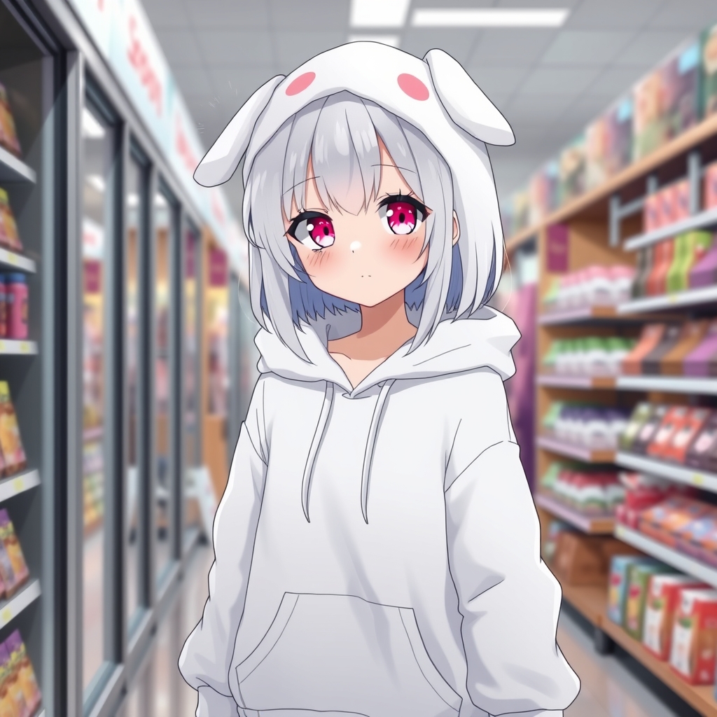 دختری که مو هایش سفید و چشم صورتی  با پوست سفید و هودی سفید خرگوشی  کیوت  در فروشگاه راه می رود خرید می‌کند  5