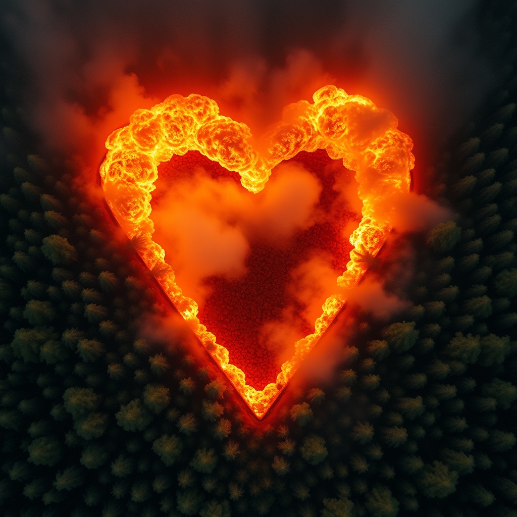 جنگل های هیرکانی از نمای بالا که آتش سوزاش شبیه یک قلبه نصفه و پاره پور است

5