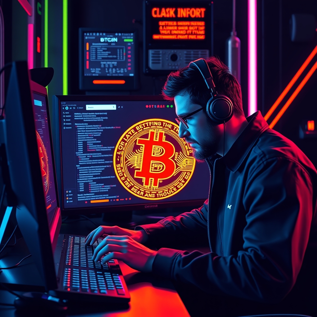 مردی درحال انجام کار بیت کوین با کامپیوتر 

5