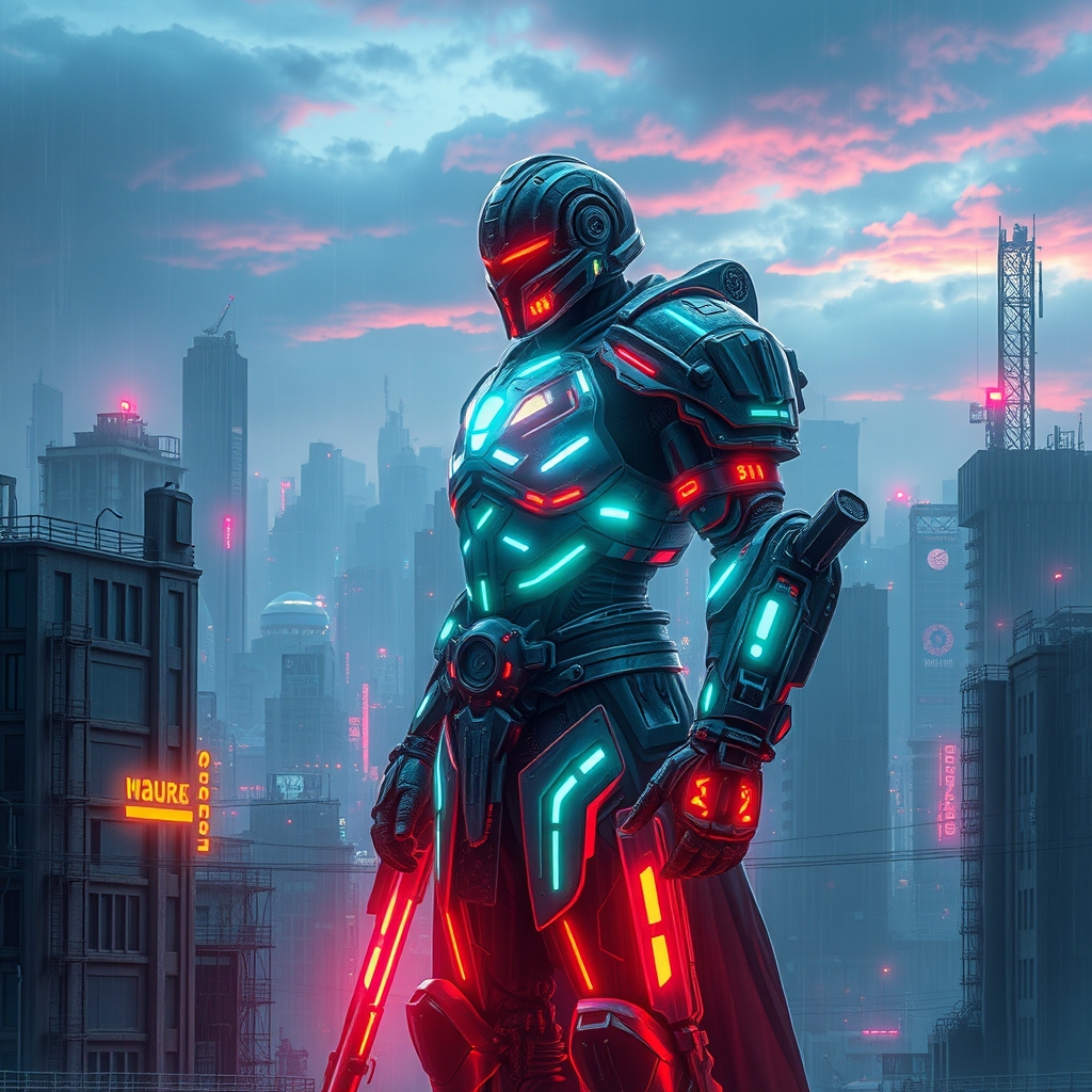 یک شوالیه آینده‌نگر با زره اسکلت خارجی درخشان، ایستاده در دنیایی پسا‌آخرالزمانی.8