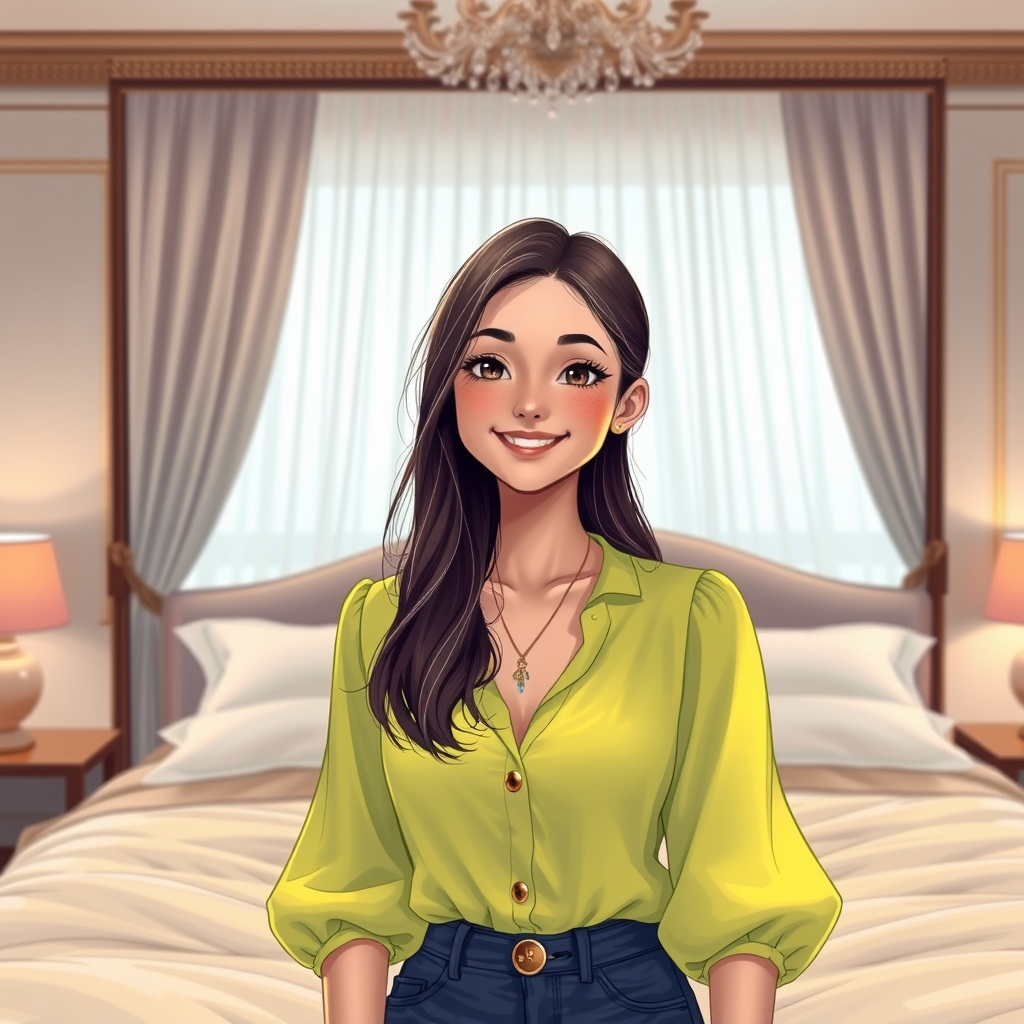 یک دختر نوجوان که در اتاق دخترانه و خیلی زیبا و شیک ترین وخوشگل ترین اتاق باشد و روی تخت دو نفره باشد و با لبانی سرخ و پوستی سفید باشد و با بلوزی لیمویی و زیبا باشد 0