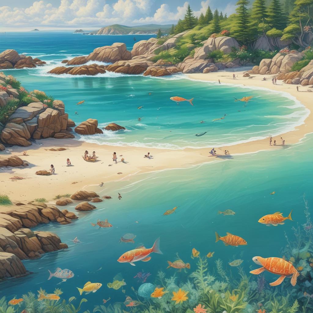 ساحلی آرام با آب‌های زلال که در آن پری‌ها
ی دریایی بازی می‌کنند و با انسان‌ها تعامل دارند، احاطه شده توسط حیات دریایی پرجنب‌وجوش.22