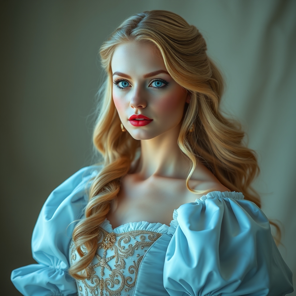 زیباترین دختر در جهان حتی در رویایی که شکوه خدا را داشته باشد که نظیر آن در دنیا نباشد با لباس پفی سلطنتی آستین پفی پرانسسی و چشم های ابی موهای طلایی براق بلند و صورت سفید وگونه قرمز با لبانی سرخ 5