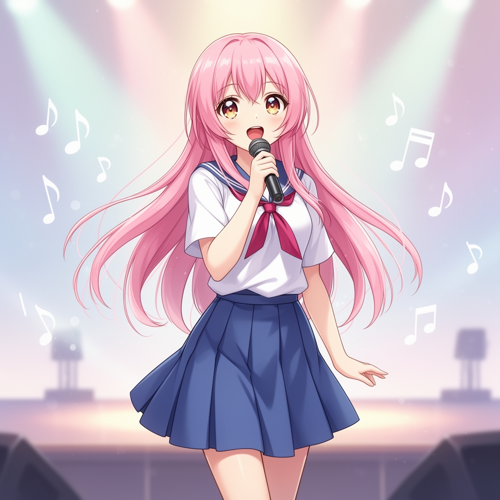نقاشی انیمه دختر مدرسه ای با لباس سفید و آبی و موهای صورتی بلند در حال آواز خواندن1