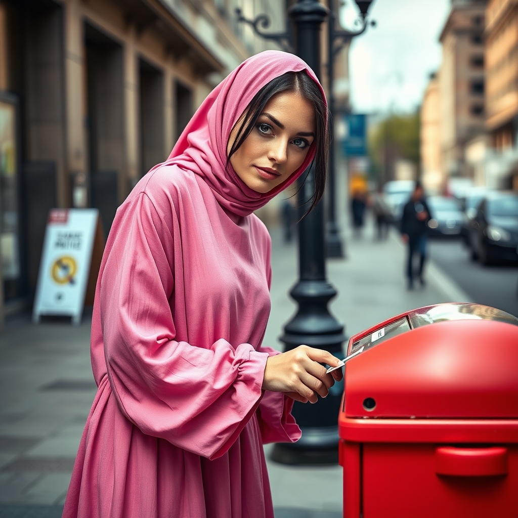 یک زن خیلی خیلی زیبا با تاب شلوارک توی خیابون در حال انداختن پول در صندوق صدقات با تیپ صورتی با چشمان بنفش 19